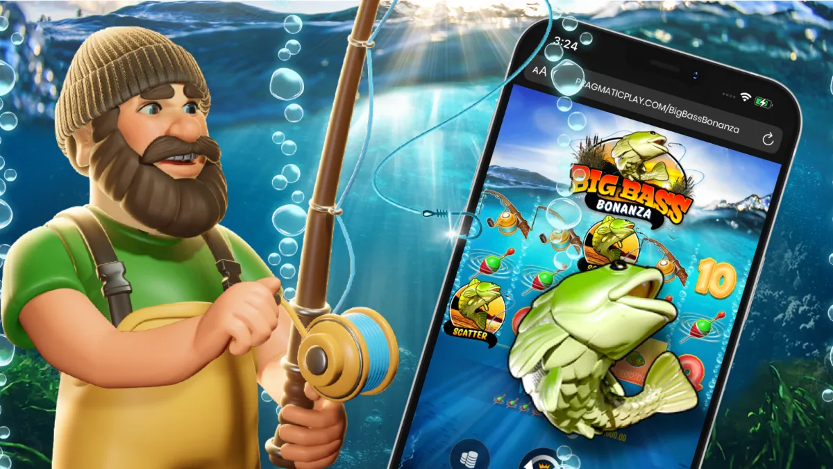 A bearded fisherman with his rod under the water, beside a phone showing Big Bass Bonanza with a bass leaping out of the screen