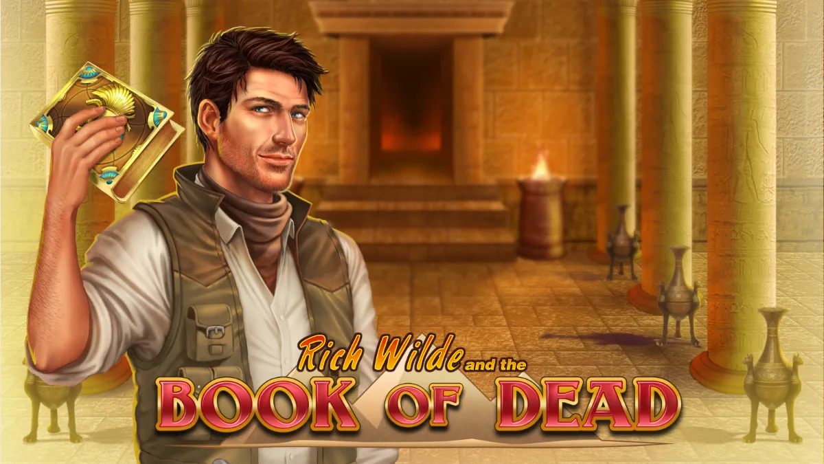 Rich Wilde holding up the golden Book of Dead in a torch-lit Egyptian temple, above the Book of Dead logo